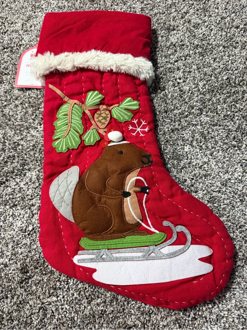 Pottery Barn kids Holiday Beaver sledding Stocking with Faux Fur Trim